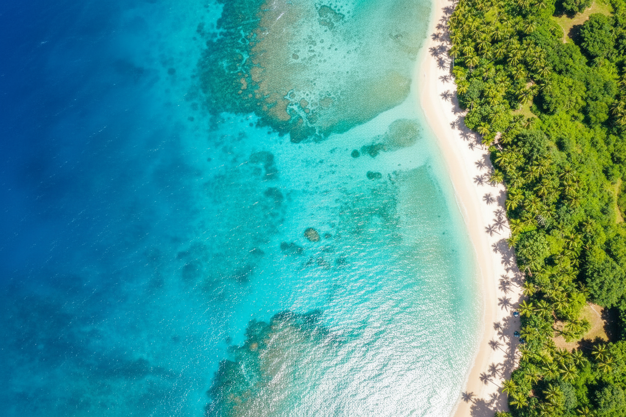 beach trees and coast diagnoal across right corner and the rest water